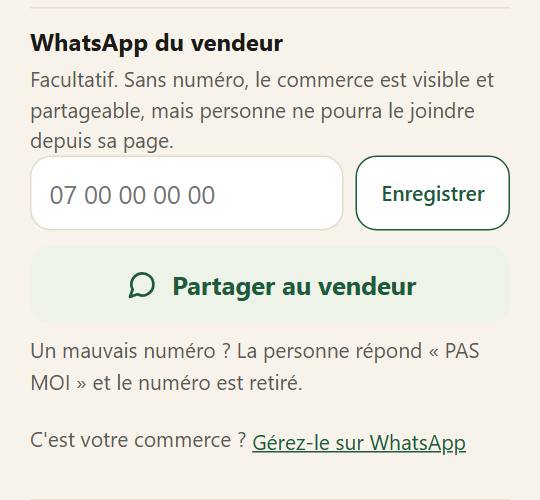 Le bloc « WhatsApp du vendeur » après la publication : un champ facultatif, « Enregistrer » et « Partager au vendeur ».
