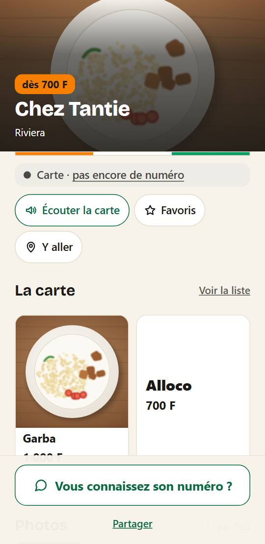 La page d'un commerce sans numéro : « pas encore de numéro » sous son nom, et en bas « Vous connaissez son numéro ? ».