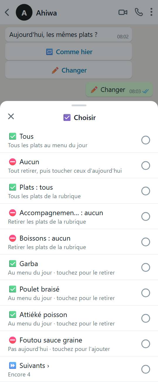 Conversation WhatsApp : « Aujourd'hui, les mêmes plats ? » avec « Comme hier » et « Changer », puis la liste des plats ouverte, avec « Tous », « Aucun » et une ligne par rubrique.