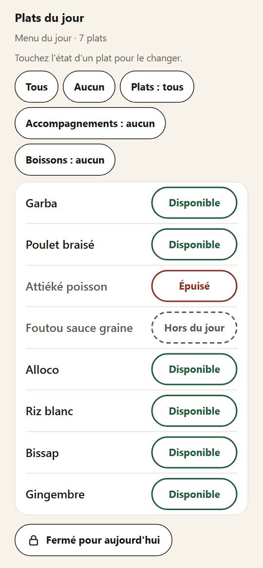 La liste des plats du jour, chacun « Disponible » ou « Épuisé ».