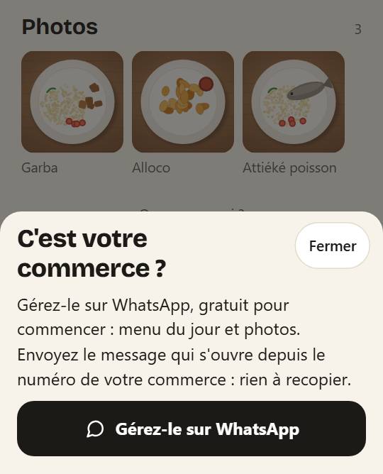 Le bas de la page d'un commerce : la feuille « C'est votre commerce ? » et le bouton « Gérez-le sur WhatsApp ».