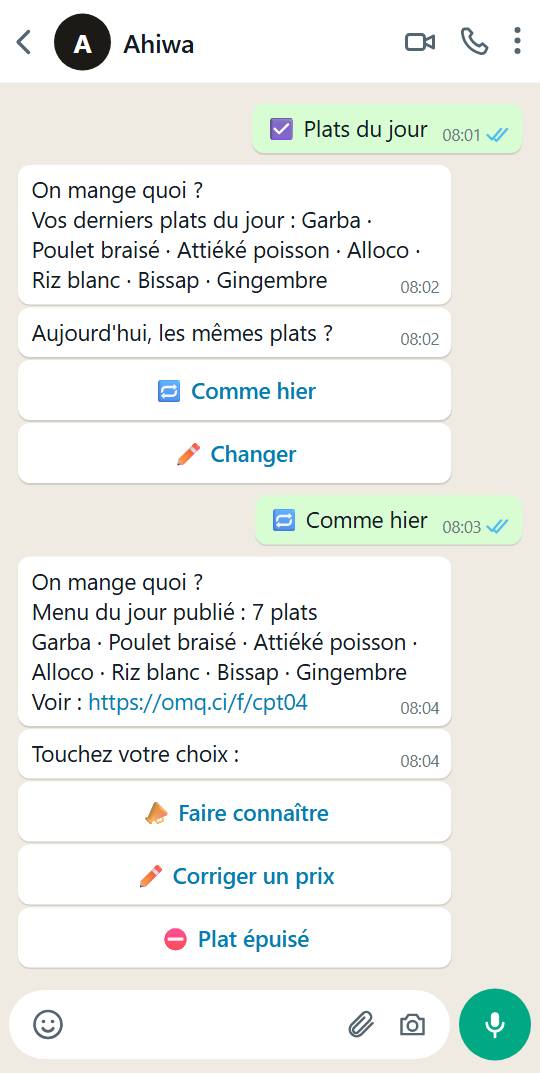 Conversation WhatsApp : « Menu du jour publié », la liste des plats et le lien de la page, puis les boutons « Faire connaître », « Corriger un prix » et « Plat épuisé ».
