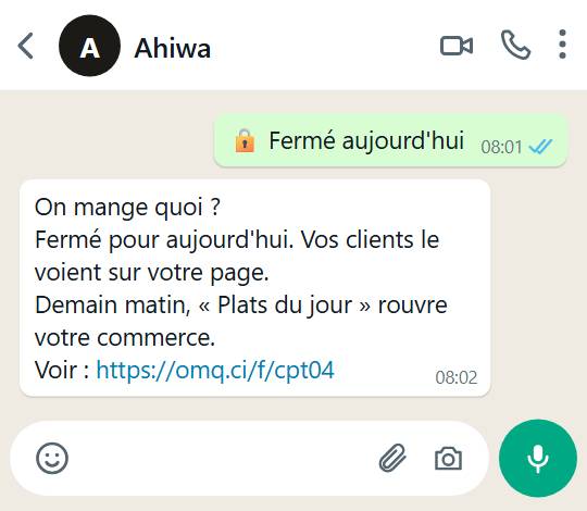 Conversation WhatsApp : « Fermé aujourd'hui » touché ; la réponse dit que les clients le voient sur la page et que « Plats du jour » rouvre le commerce le lendemain matin.