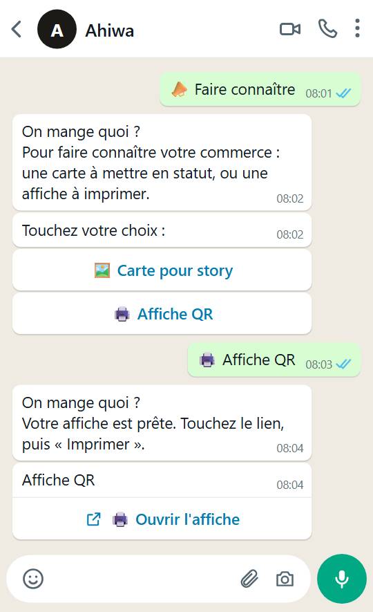 Conversation WhatsApp : « Faire connaître », les boutons « Carte pour story » et « Affiche QR », puis « Votre affiche est prête » et le bouton « Ouvrir l'affiche ».