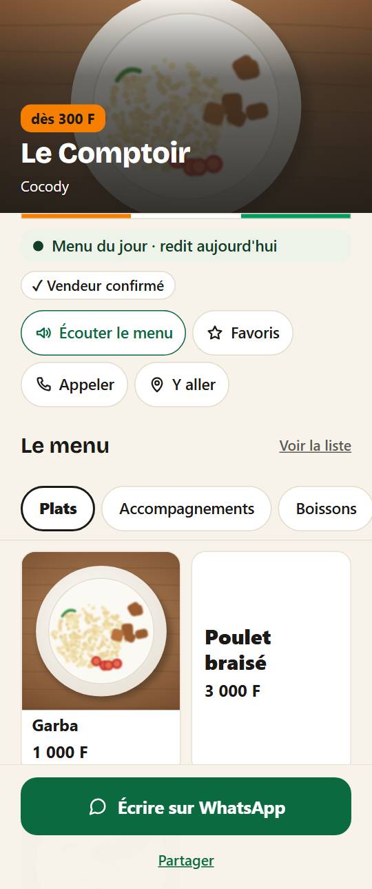 La page d'un commerce : son nom, « Menu du jour · redit aujourd'hui », les boutons Écouter, Appeler et Y aller, la grille des plats, et en bas la barre « Écrire sur WhatsApp ».